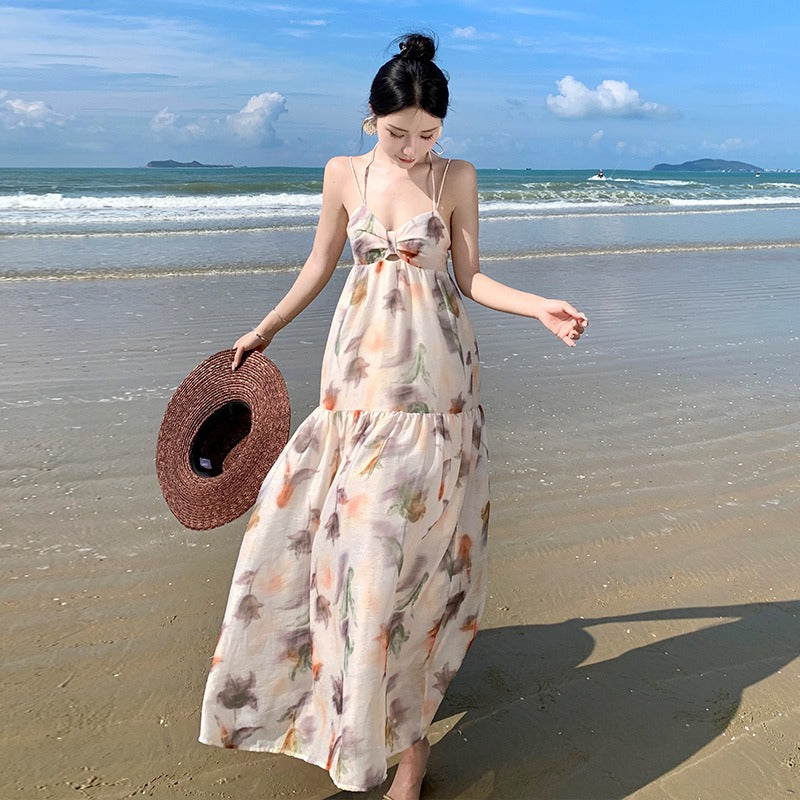 Z High end elegant Chinese style vacation style dress with ink painting halo dye printed long skirt, sexy suspender long skirt