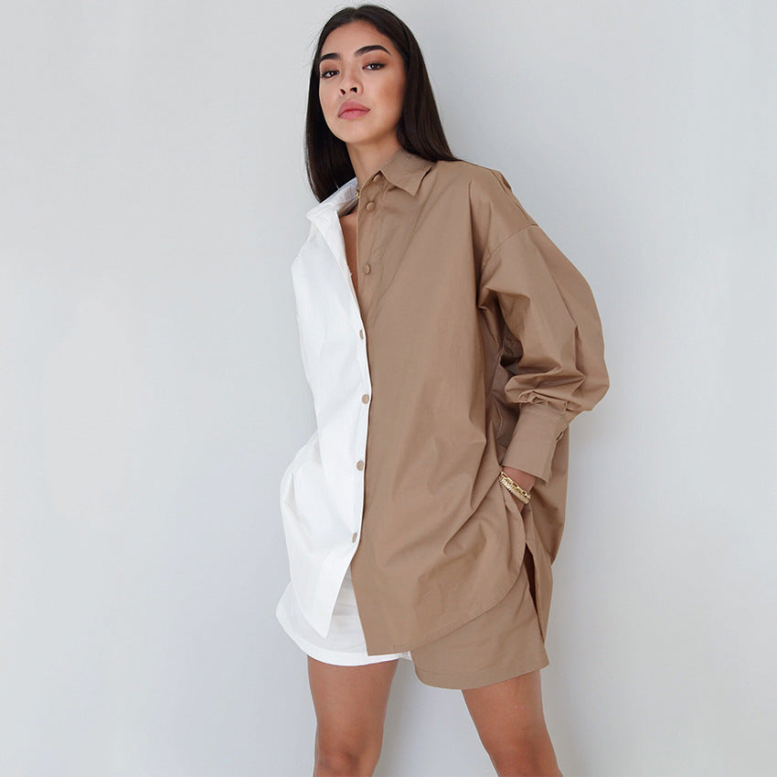 Z European And American Style Contrast Color Long Sleeved Shirt Shorts Two Piece Cotton Linen Casual Fashion Suit